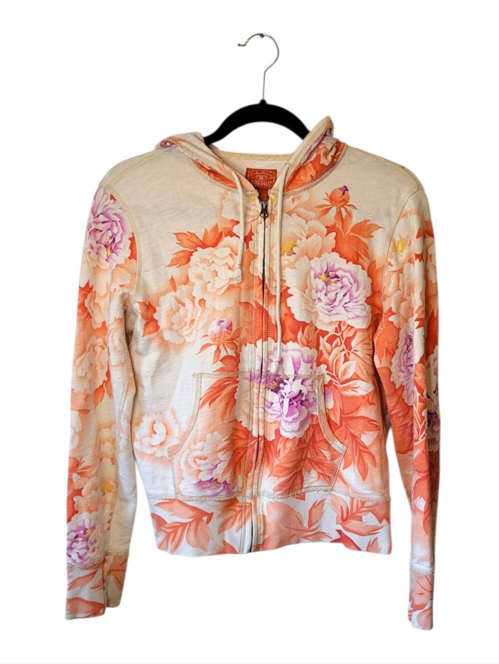 Vintage Y2K Lucky Brand Floral Zip-Up Hoodie - Peach & Ivory Size M